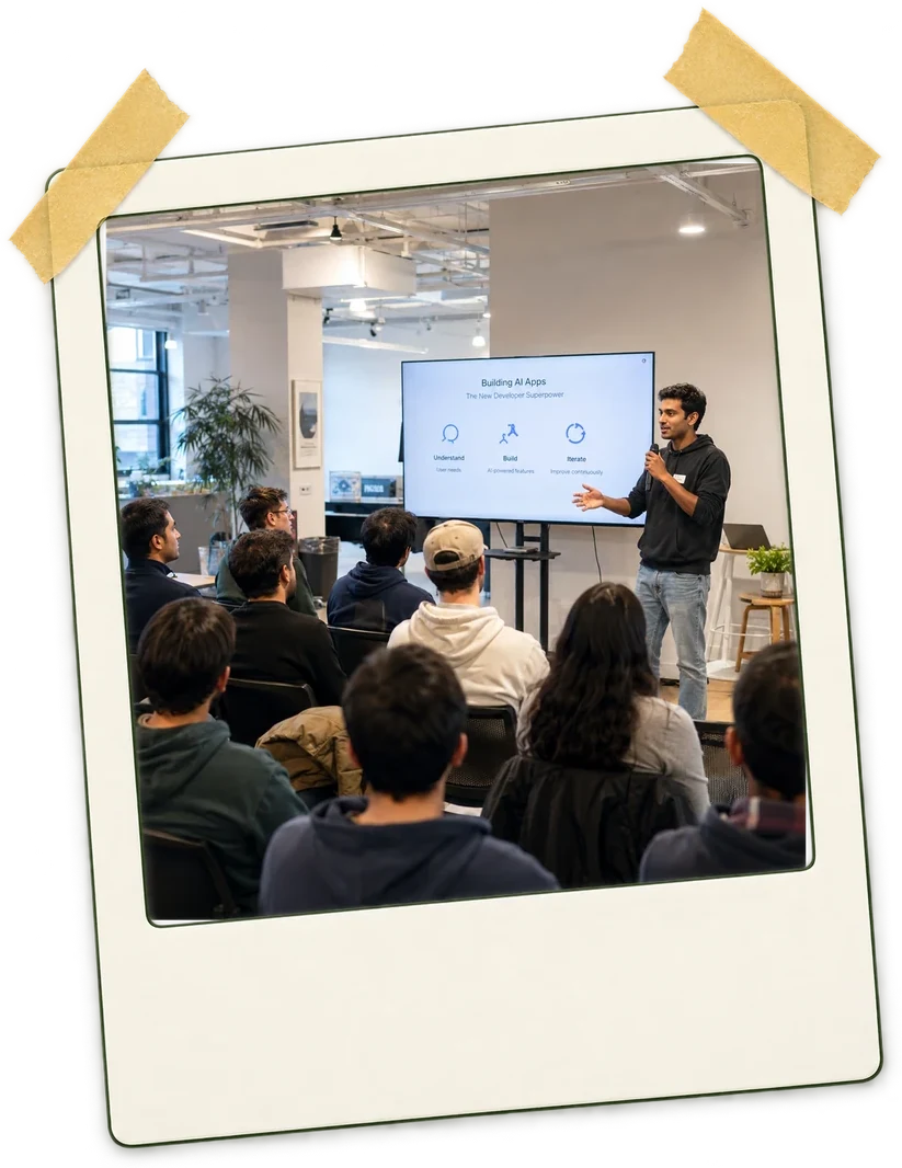 A builder presenting a live demo at AI Builders Meetup